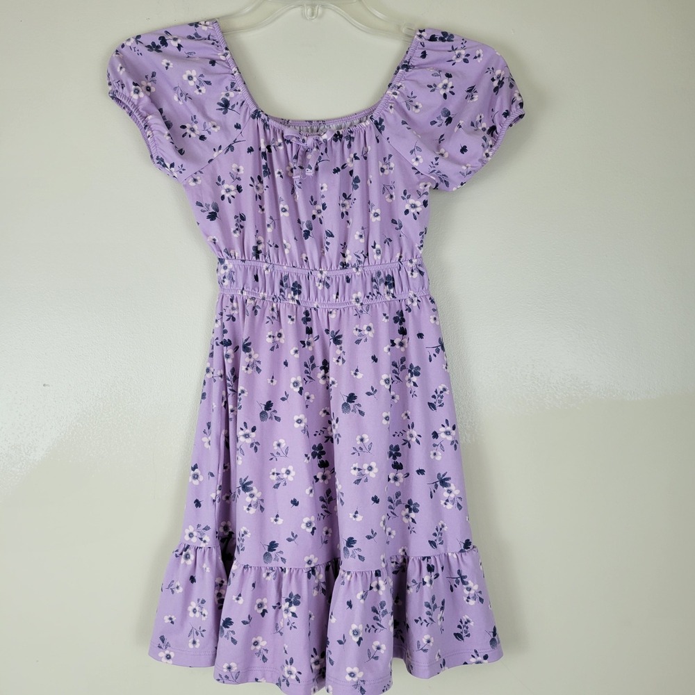 SO Girls Lavender Floral Puff Sleeve Ruffle Hem Dress Size S 6/7
